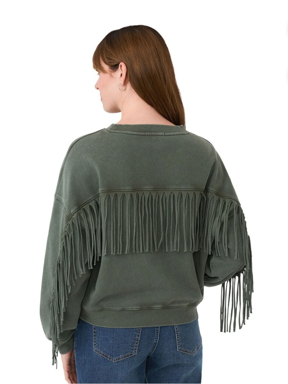 NWT Edited X Maren Morris Fringe Sweatshirt in distressed olive. Size L